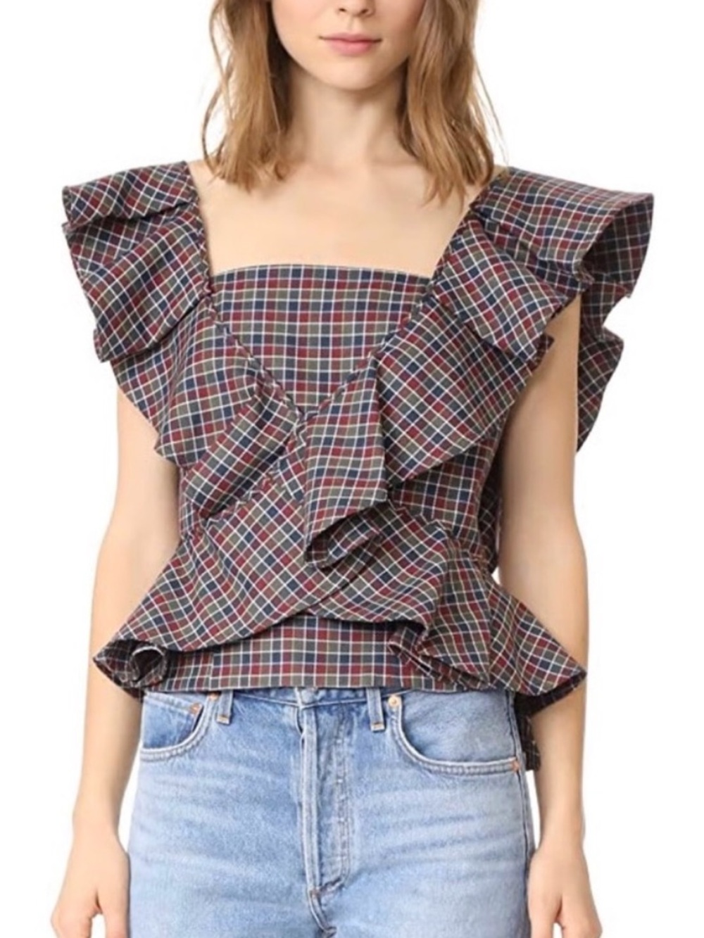 Petersyn Red Blue Green Plaid Ruffle Peplum Top Size XS
